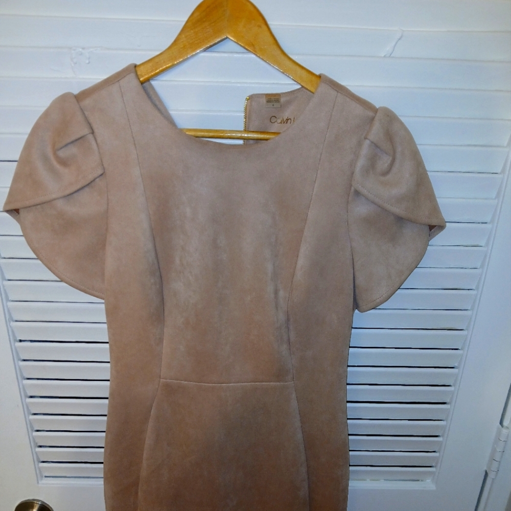 Calvin Klein Tan Mini Dress with Puff Sleeves for Cocktail